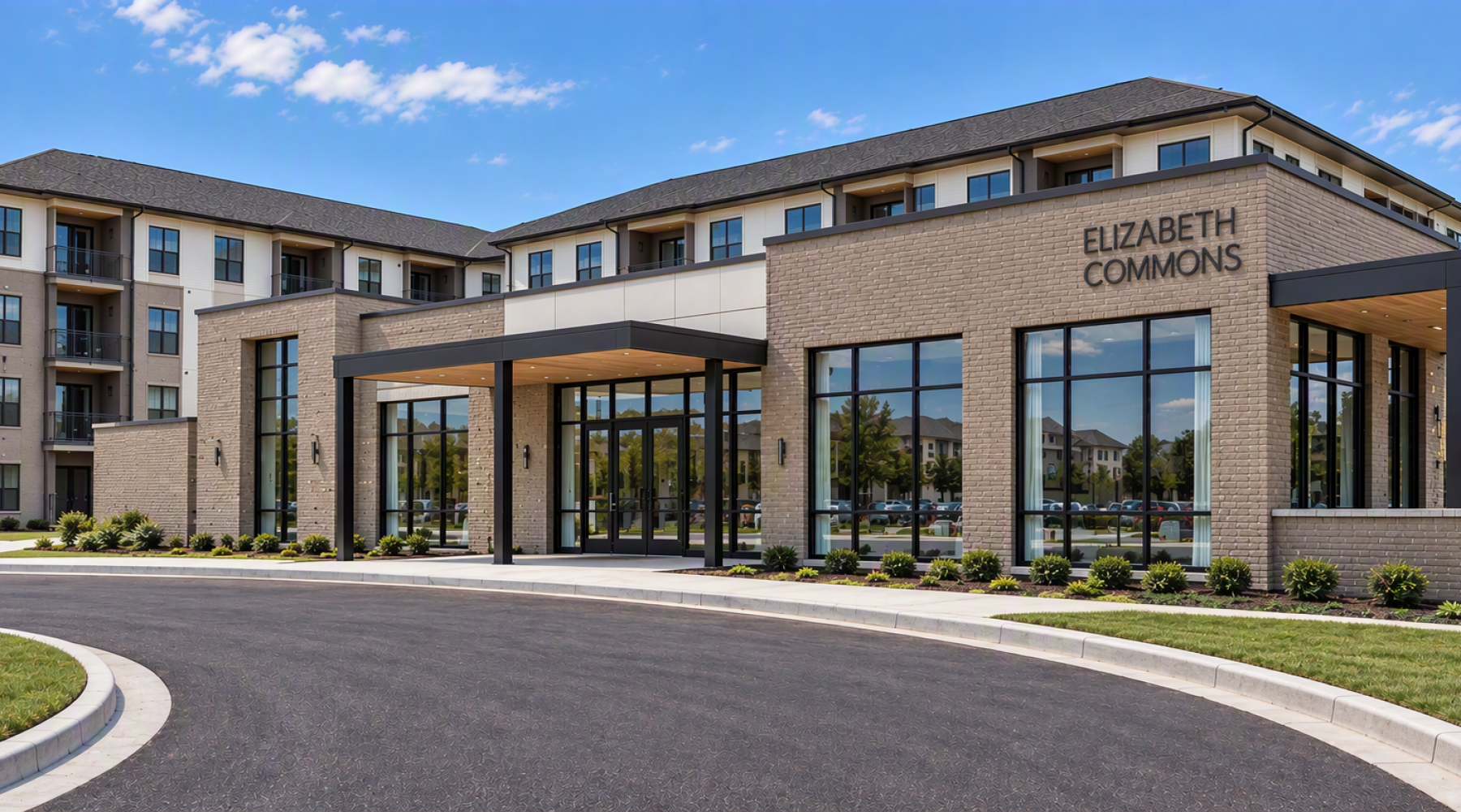 Contemporary Elizabeth Commons community exterior showcasing modern architecture, inviting gathering spaces, landscaped surroundings, and timeless design details that create a welcoming residential setting.